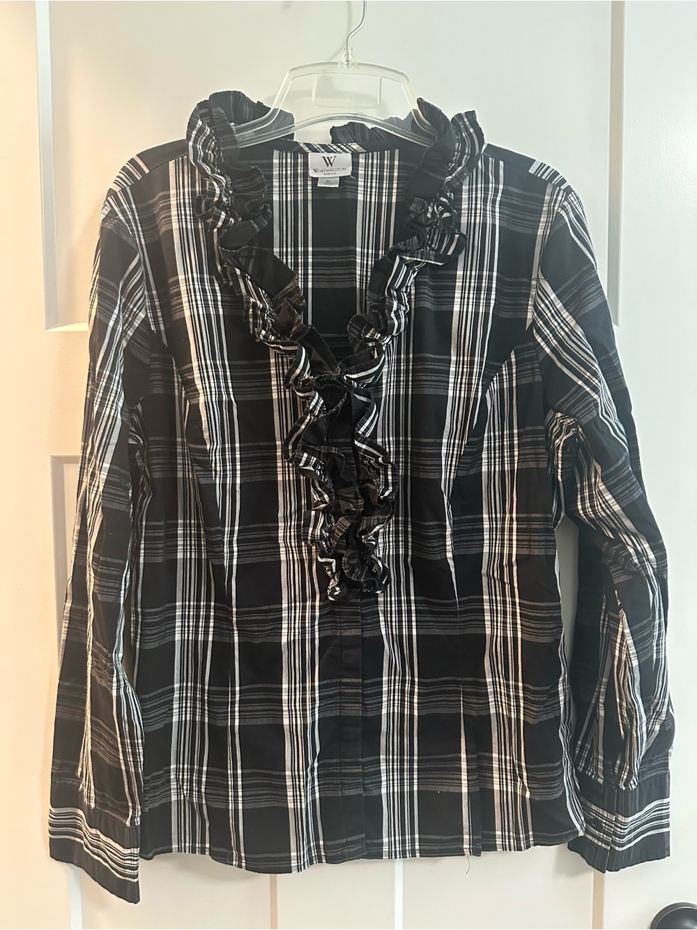 Worthington Black and White Plaid Ruffle Neck Blouse